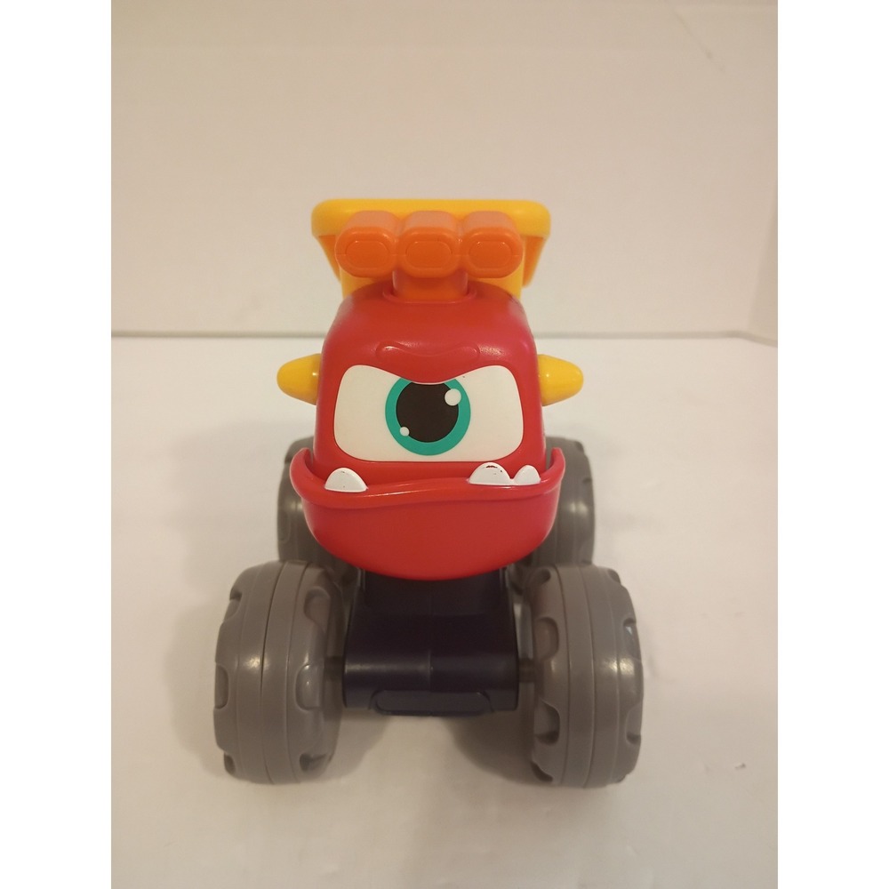 Monster 01 Red Dump Truck Toy One Eyed Monster Flame Decal Yellow Tilt Bed